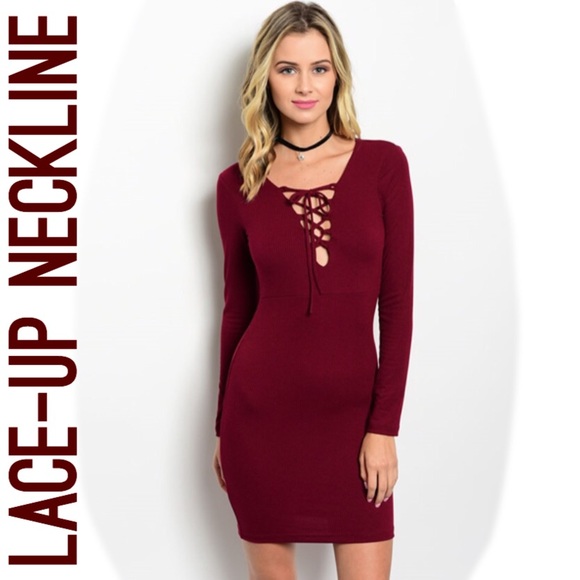 New! 💥ELENA burgundy lace up dress - Picture 2 of 6